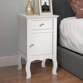 Livingandhome White Country Style Wooden Night Stand Table with Drawer and Door