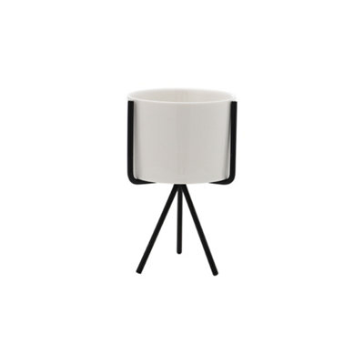 Livingandhome White Cylindrical Plant Pot with Black Metal Stand 80 x 135 mm
