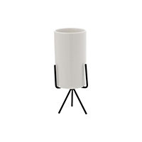 Livingandhome White Cylindrical Plant Pot with Black Metal Stand 80 x 210 mm