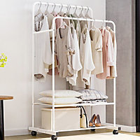Livingandhome White Double Clothes Hanging Rail Clothing Stand with Storage Rack