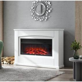 Livingandhome White Electric Fire Suite Black Fireplace with White Wooden Surround Set 34 Inch