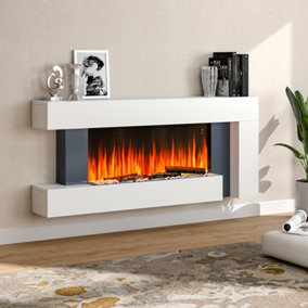 Livingandhome White Freestanding Glass Electric Fireplace with Mantel and Night Light