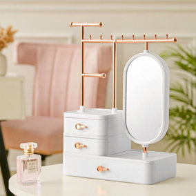 Livingandhome White Jewelry Box Vanity Makeup Storage Organizer Necklace Earring Display with Mirror and 3 Drawers