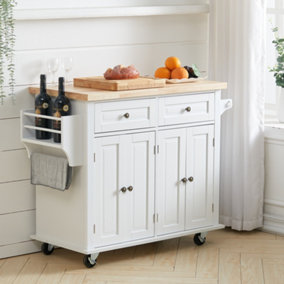 Livingandhome White Kitchen Island Cart Rolling Storage Trolley Cupboard with 2 Drawers