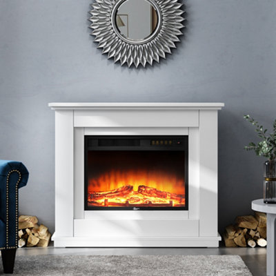 Livingandhome White LED Electric Fire Suite Black Fireplace with White  Wooden Surround Set 30 Inch | DIY at Bu0026Q