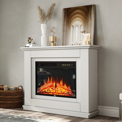 Livingandhome White LED Electric Fire Suite Black Fireplace with White Wooden Surround Set 30 Inch