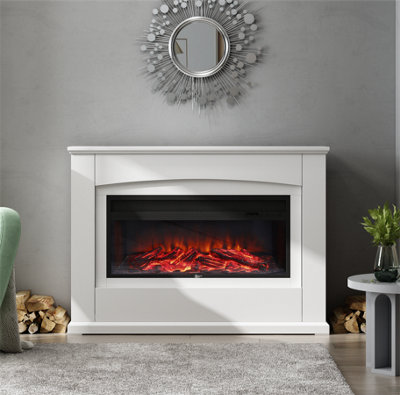 Livingandhome White LED Electric Fire Suite Black Fireplace with White  Wooden Surround Set 34 Inch | DIY at Bu0026Q
