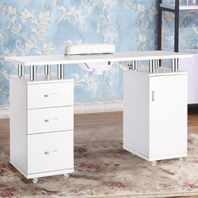 Livingandhome White Manicure Station Nail Table on Wheels with Dust Collector
