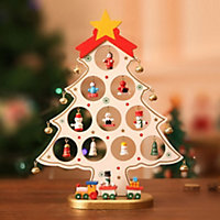 Livingandhome White Mini 3D Wooden Christmas Tree With Snowman Bell Desktop Decor