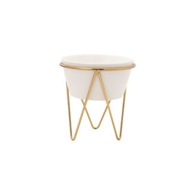 Livingandhome White Modern Ceramic Tabletop Planter with Gold Metal Stand 135 x 150 mm