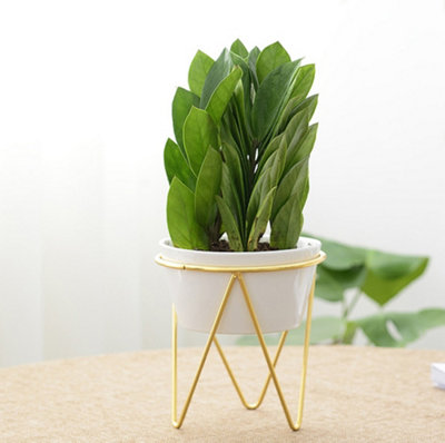 Livingandhome White Modern Ceramic Tabletop Planter with Gold Metal Stand 135 x 150 mm