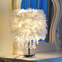 Livingandhome White Modern Feather Bedside Table Lamp with Crystal Pendant 30 x 45 cm