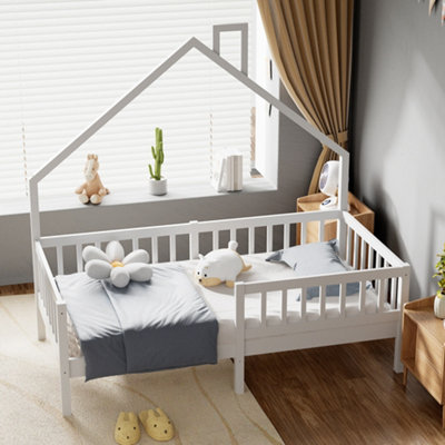 Livingandhome White Pine Wood House Toddler Single Bed Frame with ...