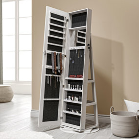 Livingandhome White Rotary Jewellery Armoire with Mirror Floor Standing Lockable Storage