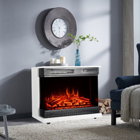 Livingandhome White Square Portable Electric Metal Fireplace with Wheels 26 Inch