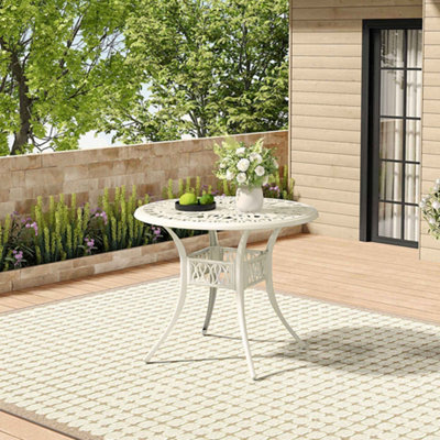 Livingandhome White Vintage Round Cast Aluminum Garden Bistro Table with Umbrella Hole 90 cm