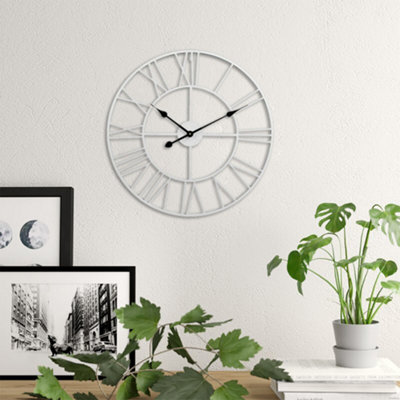 Livingandhome White Vintage Round Roman Numeral Metal Skeleton Wall Clock 40 cm
