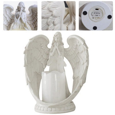 Livingandhome White Winged Angel Resin Memorial Electric Candle Statue Home Decoration