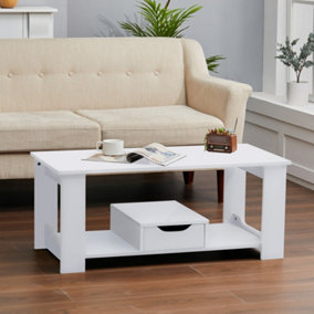 Livingandhome White Wooden Coffee Table with 1 Drawer