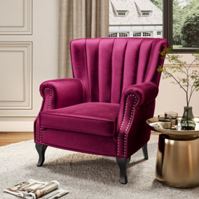 Livingandhome Wine Red Velvet Pleated Wing Back Armchair