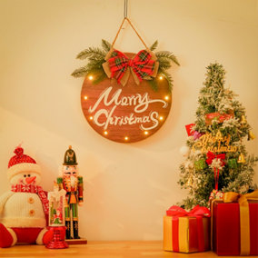 Livingandhome Wooden Hanging Merry Christmas Sign Door Xmas Decor with Light