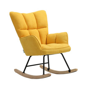 Livingandhome Yellow Linen Rocking Chair Rocker Relaxing Chair Occasional Armchair with Rubber Wood Runner