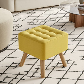 Livingandhome Yellow Linen Upholstered Footstool Footrest with Padded Wooden Legs W 395 x D 395 x H 400 mm