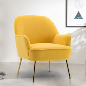 Livingandhome Yellow Modern Velvet Armchair with Gold Plated Feet
