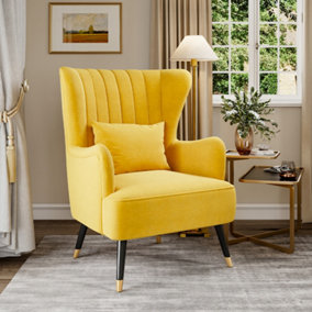 Livingandhome Yellow Occasion Velvet Wing Back Armchair with Lumbar Pillow