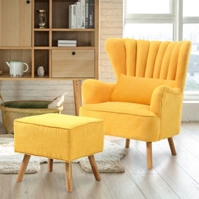 Livingandhome Yellow Suede Wing Back Armchair with Footstool and Lumbar Pillow