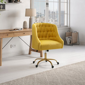 Livingandhome Yellow Velvet Office Chair Tufted Back 5-Claw Gold Metal Legs