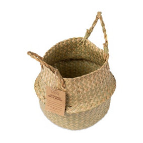 LIVIVO 1 x Medium Seagrass Handwoven Belly Basket - Organizer for Home, Storage, Toys & Laundry - Durable & Foldable with Handles