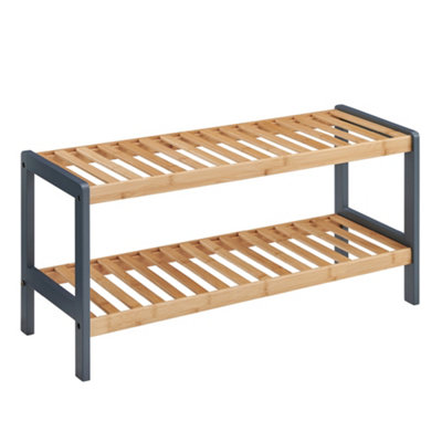 LIVIVO 2-TIER Natural Bamboo Shoe Rack with 2 Shelves, Large Storage Capacity, Wooden Shoe Stand & Organiser - GREY/NATURAL