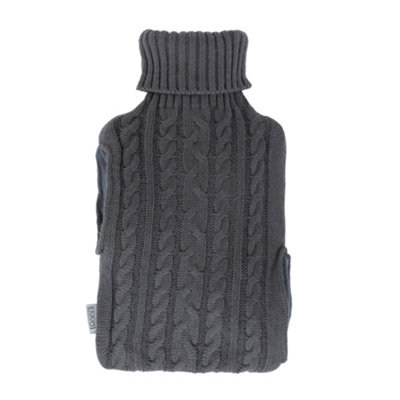 LIVIVO 2L Hot Water Bottle with a Removable Knitted Cover - With Built In Pockets, Natural Rubber & Faux Fur Warmer  -  Grey