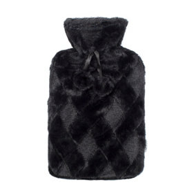 LIVIVO 2L Long Hot Water Bottle with Faux Fur Removable Fleece Cover - Large Capacity 32cm (Black)