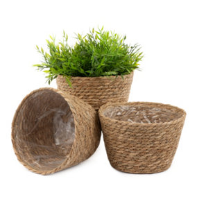 LIVIVO 3 Large Seagrass Handwoven Belly Flower Plant Pots - Natural Indoor Woven Planter Pot - Great for Office & Home Decoration