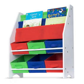 LIVIVO 3-Tier Children Sling Bookcase with 6 Plastic Storage Tubs - Kids Wooden Storage Rack for Bedroom, Playroom & Daycare