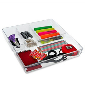LIVIVO 4 Compartment Drawer Desk Organiser - Made From Clear Plastic, Storage Box Divider For Makeup, Stationary & Office Tools