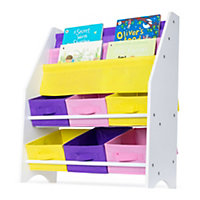 LIVIVO 4-Tier Children Sling Bookcase with 2 Plastic Storage Tubs - Kids Wooden Storage Rack for Bedroom, Playroom & Daycare