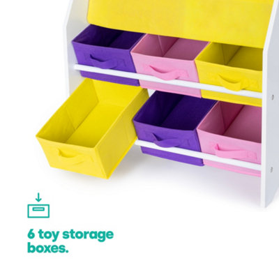 LIVIVO 4 Tier Children Sling Bookcase with 2 Plastic Storage Tubs Kids Wooden Storage Rack for