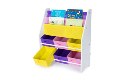LIVIVO 4 Tier Children Sling Bookcase with 2 Plastic Storage Tubs Kids Wooden Storage Rack for