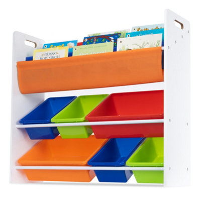 LIVIVO 4-Tier Children Sling Bookcase with 6 Plastic Storage Tubs - Kids Wooden Storage Rack for Bedroom, Playroom & Daycare