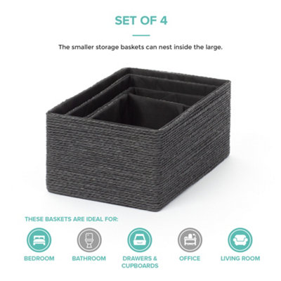 LIVIVO 4Pc Woven Hamper Storage Baskets - Multipurpose & Stackable Living, Dining Room & Bathroom Organiser Boxes - Black