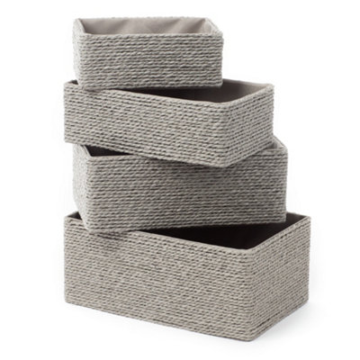 LIVIVO 4Pc Woven Hamper Storage Baskets - Multipurpose & Stackable Living, Dining Room & Bathroom Organiser Boxes - Grey
