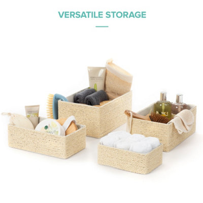 LIVIVO 4Pc Woven Hamper Storage Baskets - Multipurpose & Stackable Living, Dining Room & Bathroom Organiser Boxes - Natural