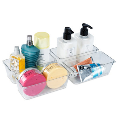 LIVIVO 4Pcs Clear Plastic Drawer Organiser, Versatile Desk & Kitchen Drawer Organiser - Tray for Makeup & Office Supplies - Medium