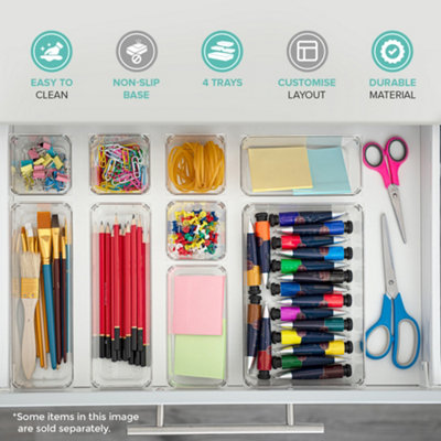 LIVIVO 4Pcs Clear Plastic Drawer Organiser, Versatile Desk & Kitchen Drawer Organiser - Tray for Makeup & Office Supplies - Medium