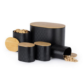 LIVIVO 5pc Kitchen Storage Set w/ Airtight Bamboo Lids - Includes Tea, Coffee, Sugar, Biscuit & Stylish Bread Bin Canister - Black