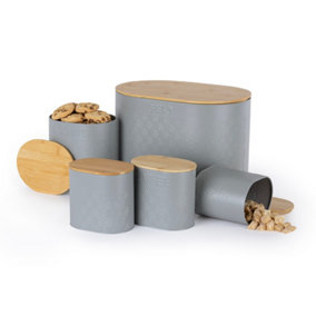 LIVIVO 5pc Kitchen Storage Set w/ Airtight Bamboo Lids - Includes Tea, Coffee, Sugar, Biscuit & Stylish Bread Bin Canister - Grey