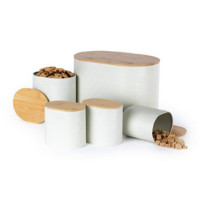 LIVIVO 5pc Kitchen Storage Set w/ Airtight Bamboo Lids - Includes Tea, Coffee, Sugar, Biscuit & Stylish Bread Bin Canister - White